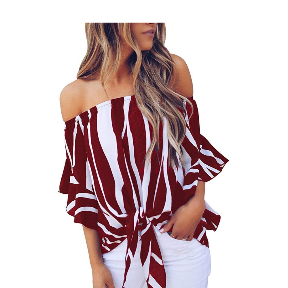 Striped-Off Shoulder Tie in front Top - Picture 1 of 4